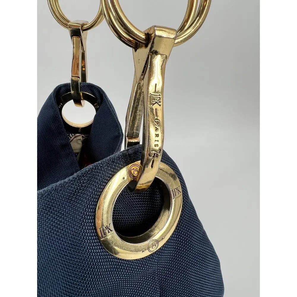 JPK Paris 75 Hobo Bucket Shoulder Bag Navy Blue Canvas Leather Strap Gold Buckle